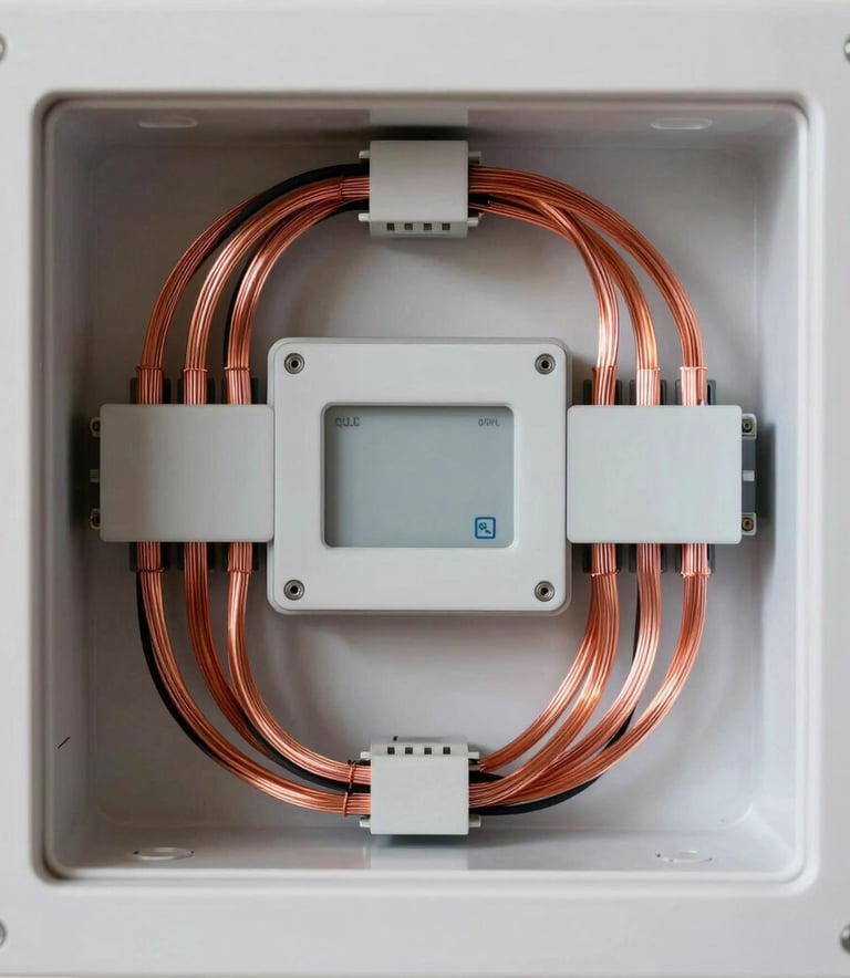 Macro photography of a modern smart home control panel with perfectly bundled and organized copper wiring. The interior is clean and professional. North American / US (Florida) domestic setting, high-detail engineering style.