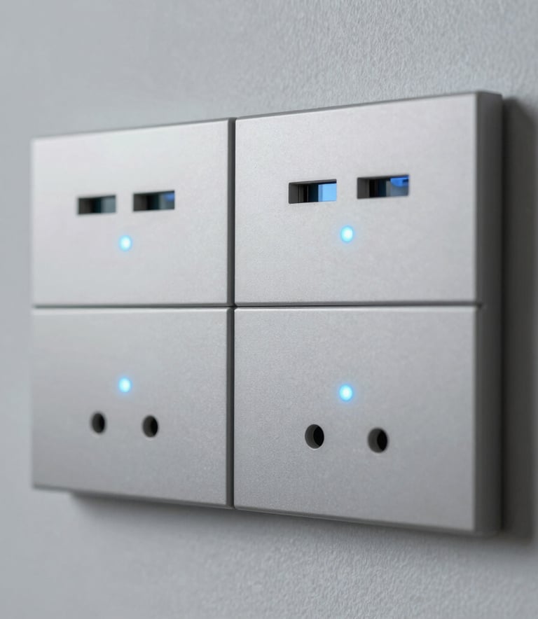 A close-up photograph of a modern, organized smart home electrical interface mounted on a light gray wall. The composition is sharp and grid-aligned, featuring subtle electric blue light indicators and a high-tech feel. North American / US (Florida) setting.