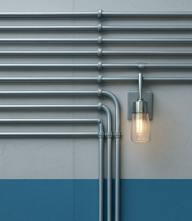 Industrial-style wall featuring perfectly parallel silver conduit pipes and a modern light fixture. The composition is structured and grid-based. Light gray and electric blue color palette.