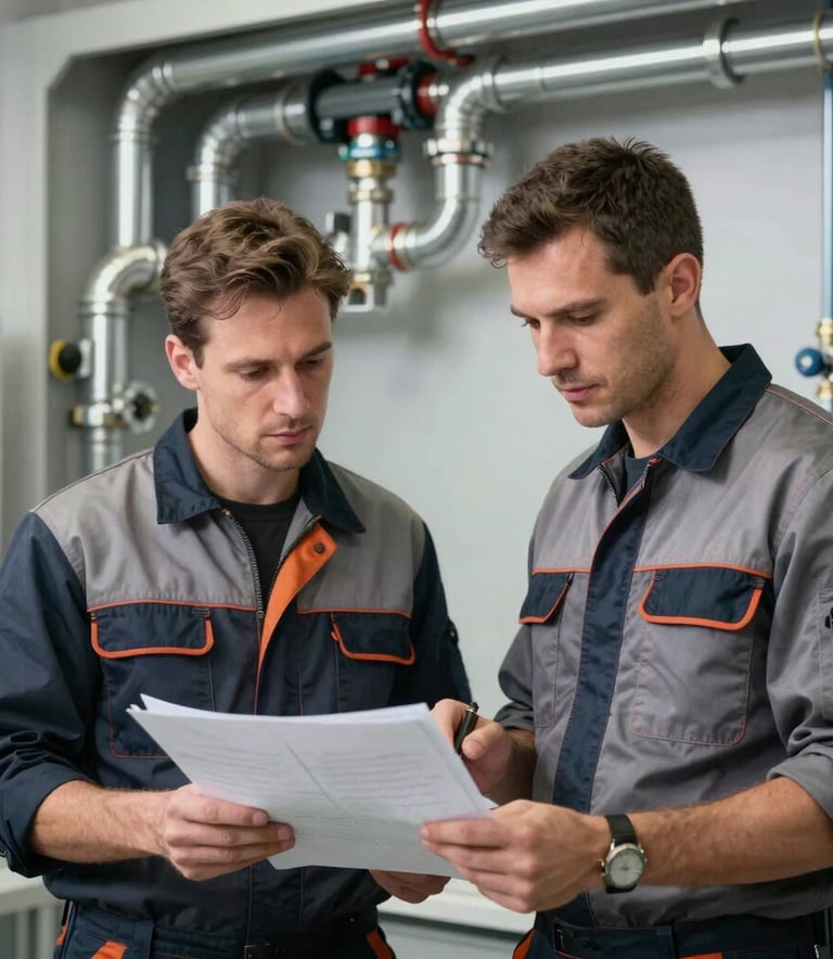 Two professional technicians in branded work attire discussing a technical plan in a modern Romanian utility room. They look confident and reliable. The background shows professional plumbing work with silver pipes.