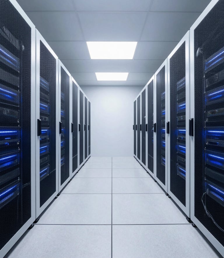 A clean, minimalist server room in North America, with rows of glowing server racks casting a subtle blue light, wide-angle perspective shot, conveying reliability and high-tier infrastructure, in white and dark navy colors.