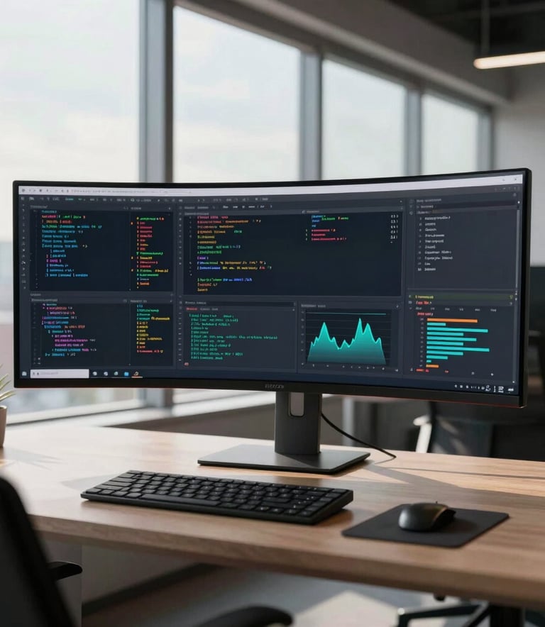 A high-end, clean workspace in a US tech hub office. A wide curved monitor displays complex code and analytics charts. Soft sunlight filters through floor-to-ceiling windows. Professional, minimalist composition.