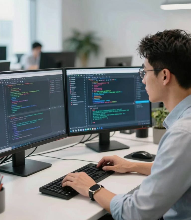 A professional software engineer in a modern North American office, high-resolution photography, natural lighting, looking at multiple sleek monitors showing code and testing dashboards, white and slate blue palette.