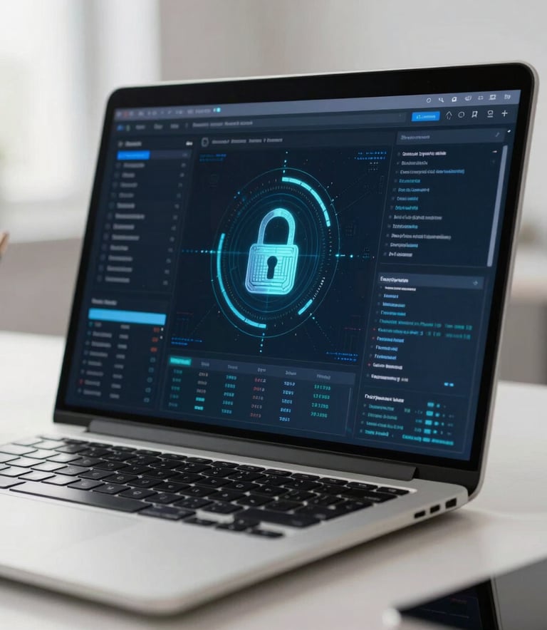 Close-up of a high-resolution laptop screen displaying a cybersecurity dashboard with intricate data flows and digital security locks. The setting is a bright, minimalist North American office with soft natural light.