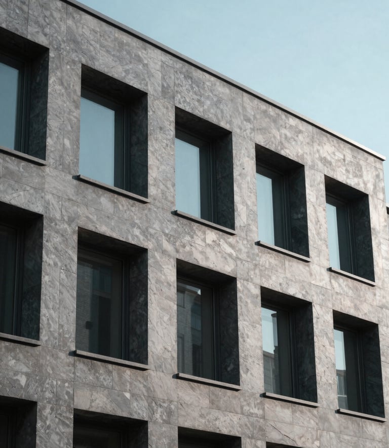 A minimalist building facade with repeating geometric windows and cool slate grey shadows, shot from a low angle under a clear, professional lighting setup.