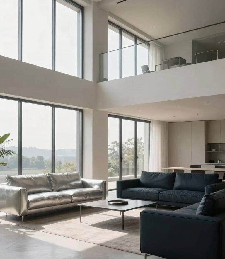 A wide-angle interior shot of a minimalist living space, featuring high ceilings, large windows, and clean lines. The furniture is in pale silver and deep slate tones, illuminated by soft, natural morning light.