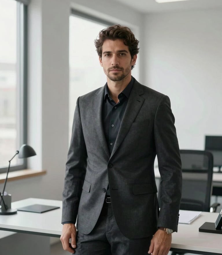 Professional portrait of architect Alex Sandro in a modern, minimalist studio setting. He is wearing a Charcoal Navy tailored suit. Behind him, large windows show a soft daylight. The office has Cloud White walls and a clean, organized Mist Grey desk. Sophisticated and trustworthy mood.