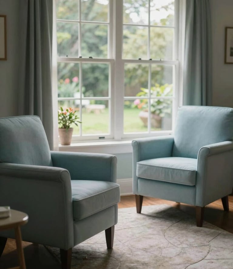 A peaceful and inviting therapy room in a US setting, featuring two comfortable upholstered chairs in a light sky blue, a soft rug, and a large window overlooking a calm garden. The atmosphere is quiet and reassuring.