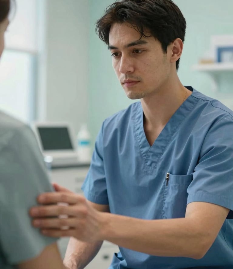 A close-up photograph of a professional medical practitioner in a clean, modern North American clinic setting. The scene uses slate blue and soft aqua tones, featuring a reassuring and empathetic gesture during a patient consultation with soft, natural lighting.