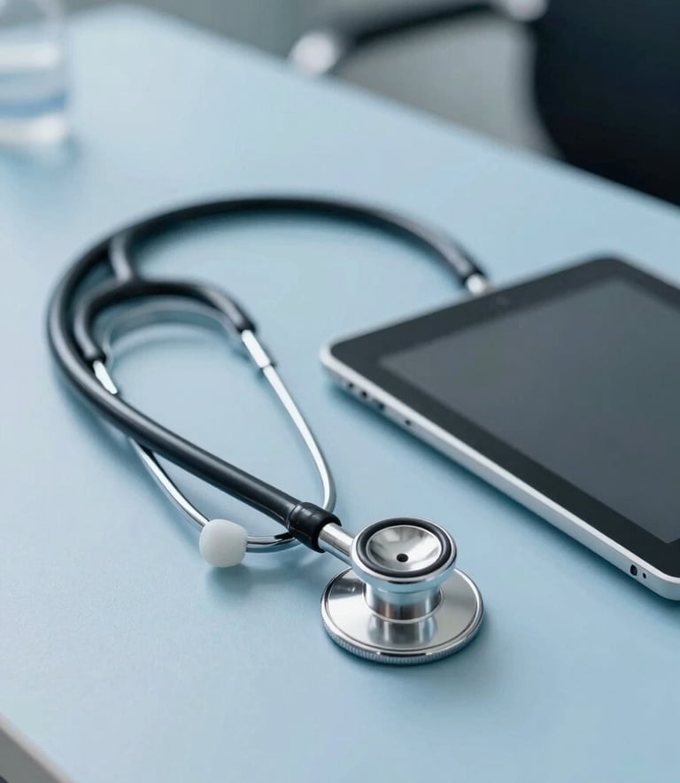 A modern medical setup in a North American doctor's office, showing a stethoscope and a digital tablet on a clean, light sky blue desk. The style is sharp, professional, and clinical.