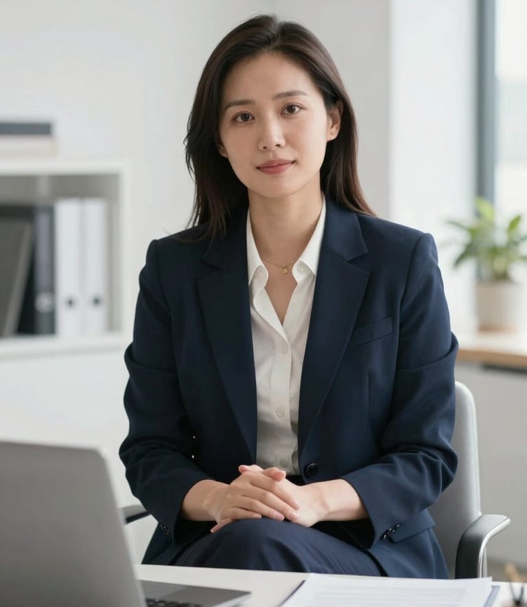 A professional psychologist in a bright, modern North American office. The composition is a medium shot, showcasing an empathetic expression and professional attire within a clean space decorated in deep navy and off-white colors.