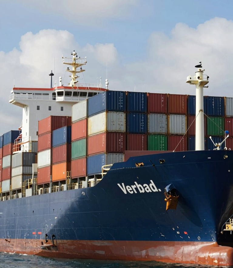 A massive shipping container vessel docked at a modern West African / Ghanaian port, under a bright sky with soft sky blue and cloud white clouds, showing high-end international logistics.