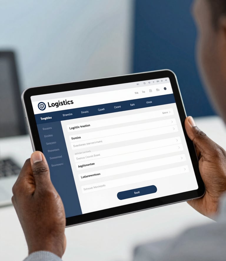 A close-up of a professional tablet screen showing a logistics tracking interface, held by a person in a professional West African / Ghanaian office setting, blurred background of soft sky blue and navy blue office decor.