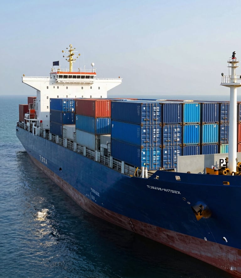 A massive cargo ship docked at the Port of Tema, Ghana, with shipping containers in royal blue and deep navy, bright morning sunlight reflecting off the sky blue ocean, high-end commercial photography.
