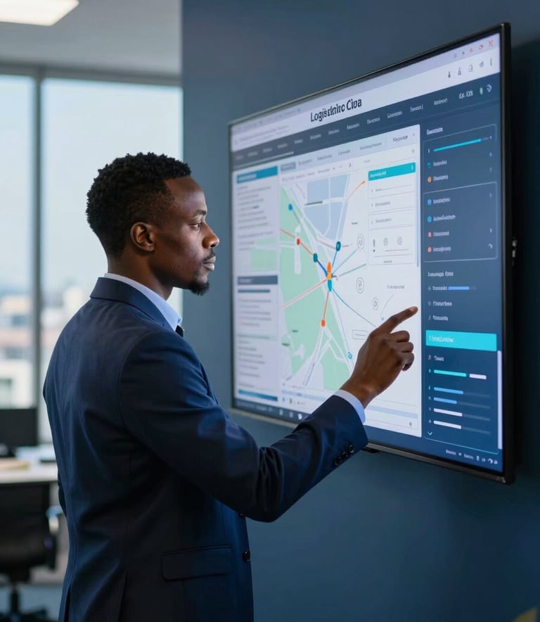 A focused logistics coordinator in a modern West African / Ghanaian corporate office environment in Accra, wearing professional attire, looking at a digital logistics tracking map on a wall screen, deep navy blue and sky blue lighting.