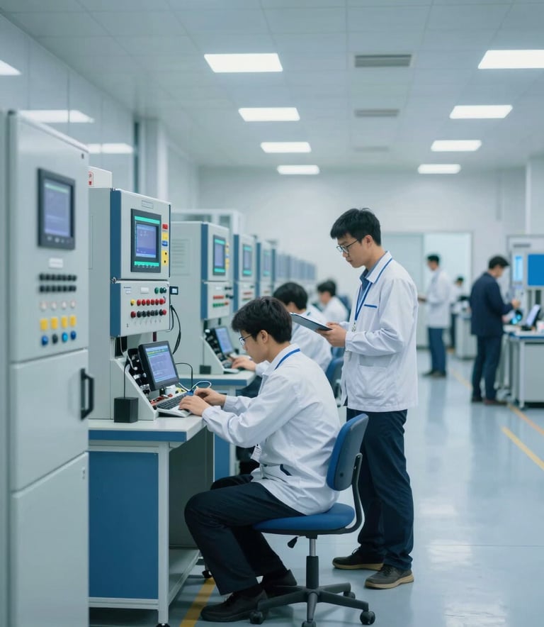 A professional wide-angle shot of a factory floor where engineers are conducting Factory Acceptance Testing (FAT) on a series of industrial control panels. The setting is clean, brightly lit, and modern, featuring colors like #A8C8E4 and #2E5D8B on the equipment. The vibe is one of technical leadership and precision engineering.