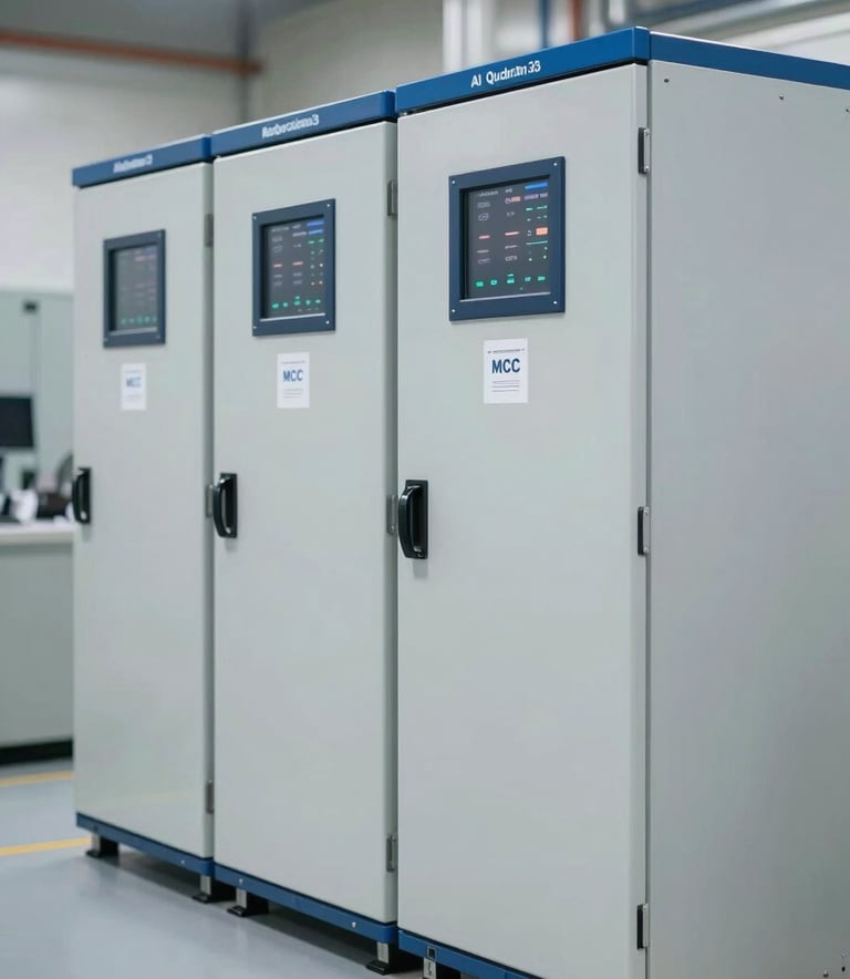 A row of high-quality Motor Control Centers (MCC) in a structured facility. The image emphasizes the scale and precision of Al Qudrah's manufacturing capabilities. Modern, clean aesthetic with #2E5D8B accents.