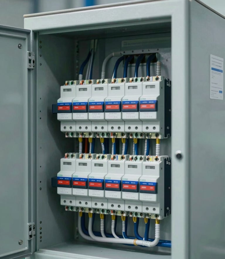 A professionally installed Main Distribution Board (MDB) in an industrial setting. The image is clean and well-lit, showing organized wiring and high-quality components from international brands. Color palette highlights #0B1A2A and #2E5D8B for a technical feel.