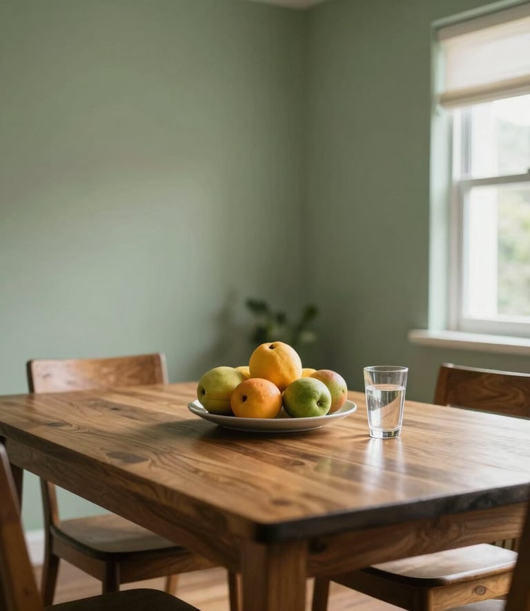 Photography of a clean and organized South American dining room. A wooden table with fresh fruit and a glass of water. Muted sage green walls and bright natural light coming through a window.