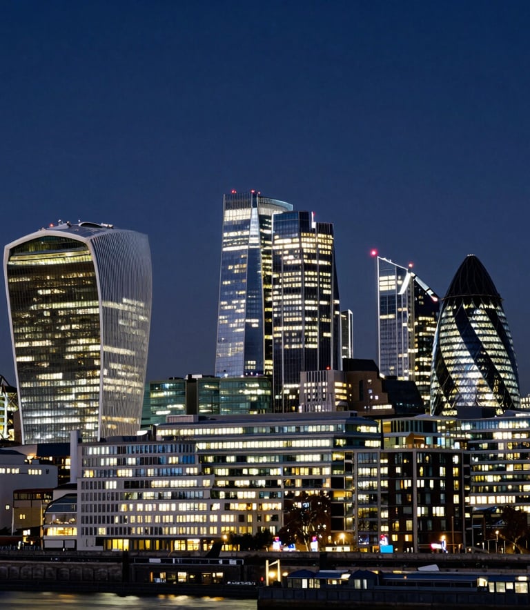 A wide-angle shot of the London financial district skyline at dusk, highlighting the Shard and Gherkin with deep navy sky and off-white building lights.