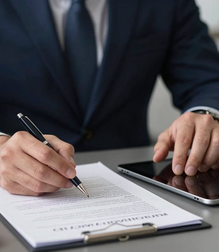 A close-up shot of a professional financial consultant in the United Kingdom reviewing documents on a desk, with a focus on a high-quality pen and tablet, using professional lighting and dark blue tones.