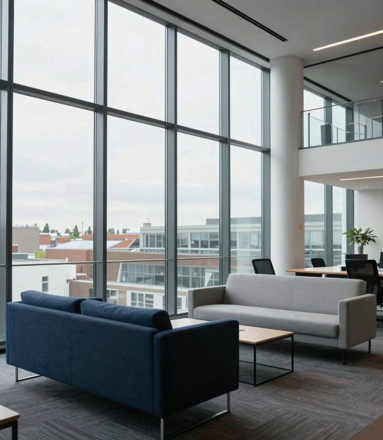 A high-end modern office interior in Ilford, United Kingdom, with floor-to-ceiling windows showing a bright day, featuring dark blue and light grey furniture and a professional atmosphere.