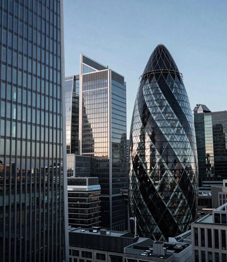 A high-angle architectural shot of modern glass skyscrapers in the City of London, reflecting a clear blue sky, in a sophisticated grey-blue and navy palette.