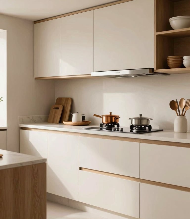 A professional photograph of a modern kitchen in a South American / Brazilian home, featuring soft off-white cabinets and warm sand accents. The lighting is bright and inviting, showcasing a sophisticated and intelligent shopping lifestyle.
