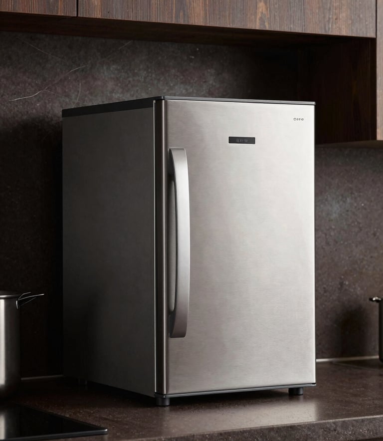 Professional photography of a high-end stainless steel kitchen appliance on a dark cocoa stone countertop in a contemporary South American / Brazilian kitchen. Sophisticated and sleek design.