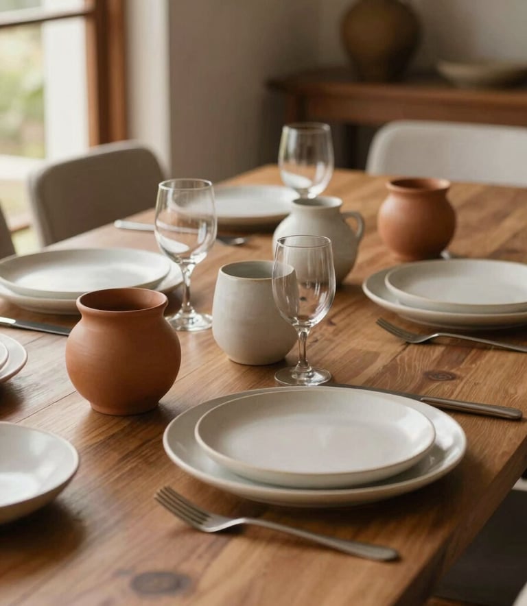 Detailed photography of a beautifully set dining table in a sunlit South American / Brazilian home, featuring minimalist ceramics in almond and soft off-white. The scene is refined, warm, and inviting.