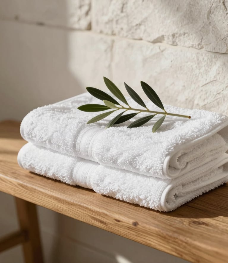 A close-up photograph of premium white Turkish cotton towels and a single branch of olive leaves on a minimalist wooden bench, set against an off-white stone wall, soft morning sunlight, tranquil atmosphere.