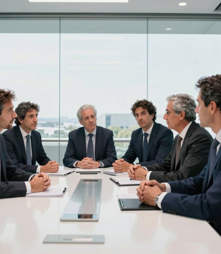 A group of Spanish / European executives in professional attire meeting in a modern glass boardroom, discussing energy transition strategies, daytime natural light, clean navy and white environment.