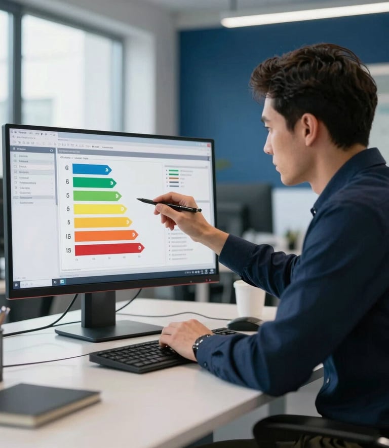 A professional engineer in a modern European office analyzing energy efficiency data on a high-resolution monitor, showing clean technical charts. The room features a Deep Navy Blue and White color scheme with soft, professional morning lighting.