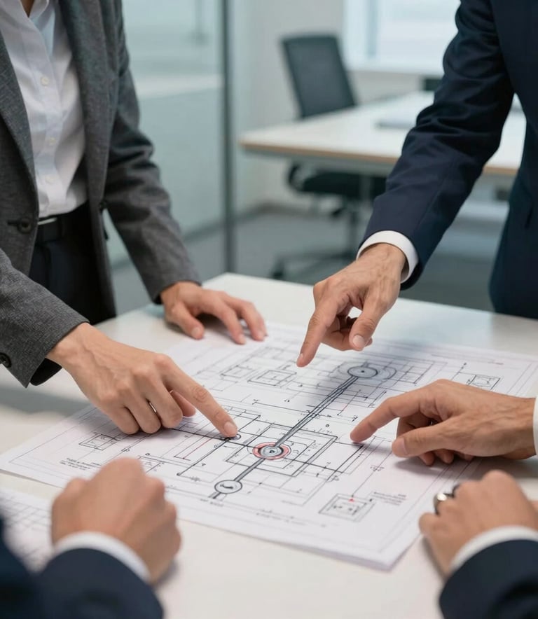 Close-up of a technical engineering meeting in a glass-walled conference room in Madrid, hands pointing at detailed blueprints and energy flow diagrams, executive attire, Carbon Gray and Deep Navy Blue accents, professional lighting.