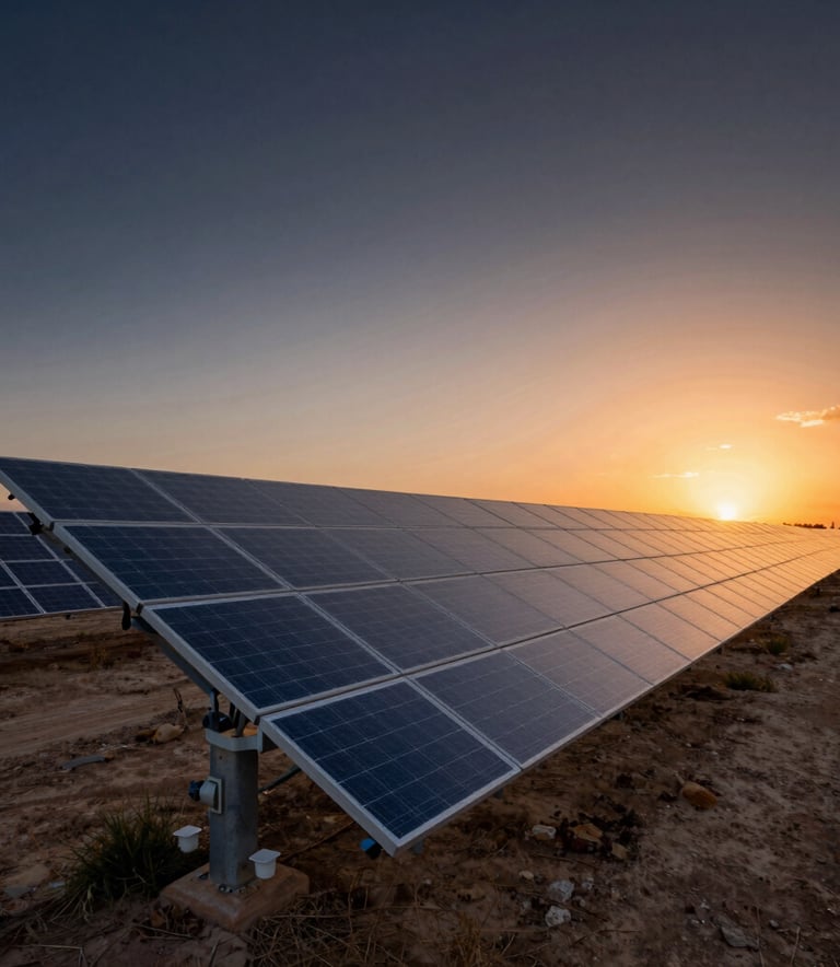 Wide-angle photography of a large-scale solar farm installation in a Spanish rural landscape, sunset lighting reflecting off the glass panels, emphasizing technical precision and authority, deep navy and orange sky tones.
