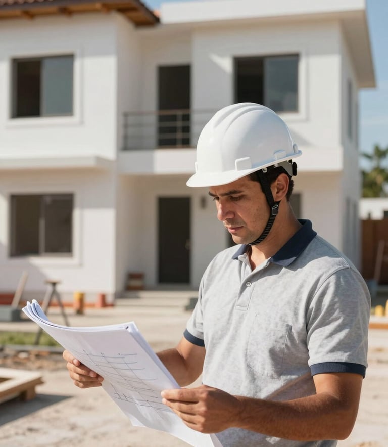 A professional construction supervisor in a modern North American / Mexican / Yucatán residential construction site, wearing a white hard hat and checking building plans. The background shows a clean structure with almond white walls under a bright, natural sun.