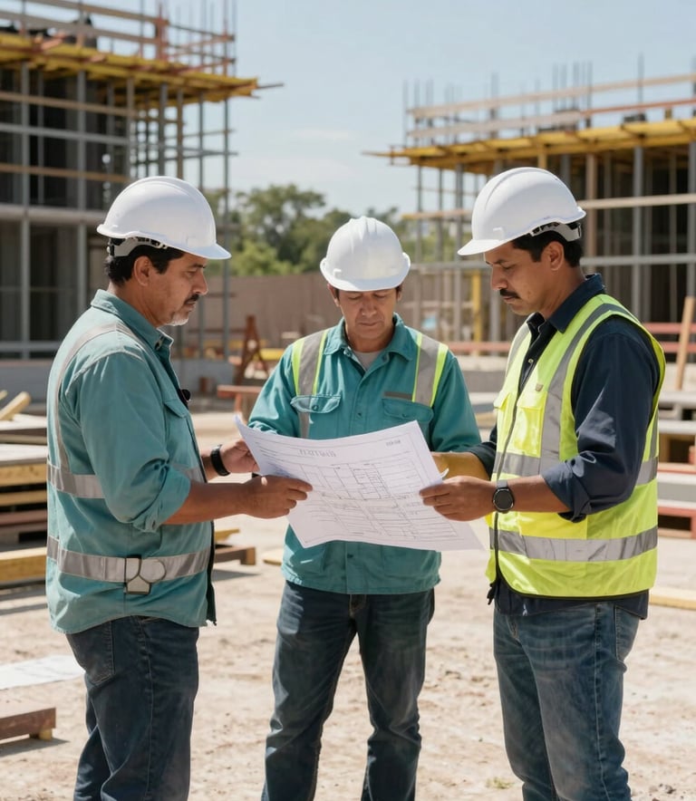 Professional photography of a construction team reviewing blueprints on a sunny day at a site in the North American / Mexican / Yucatán region. The scene is clean and orderly, reflecting precision and modern project management, with workers wearing safety gear in muted teal and dark slate.