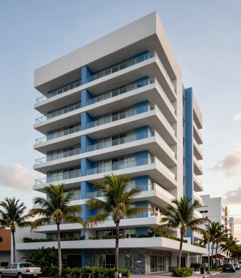 An wide-angle architectural shot of a contemporary building exterior in a North American / Mexican / Yucatán coastal city like Playa del Carmen. The design features clean lines, slate blue accents, and lush tropical greenery.