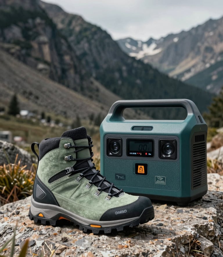 A crisp, professional product photography shot of a technical hiking boot and a high-capacity power station in a rugged Western mountain landscape. Sharp focus, cinematic natural lighting, featuring a palette of sage green and dark teal.