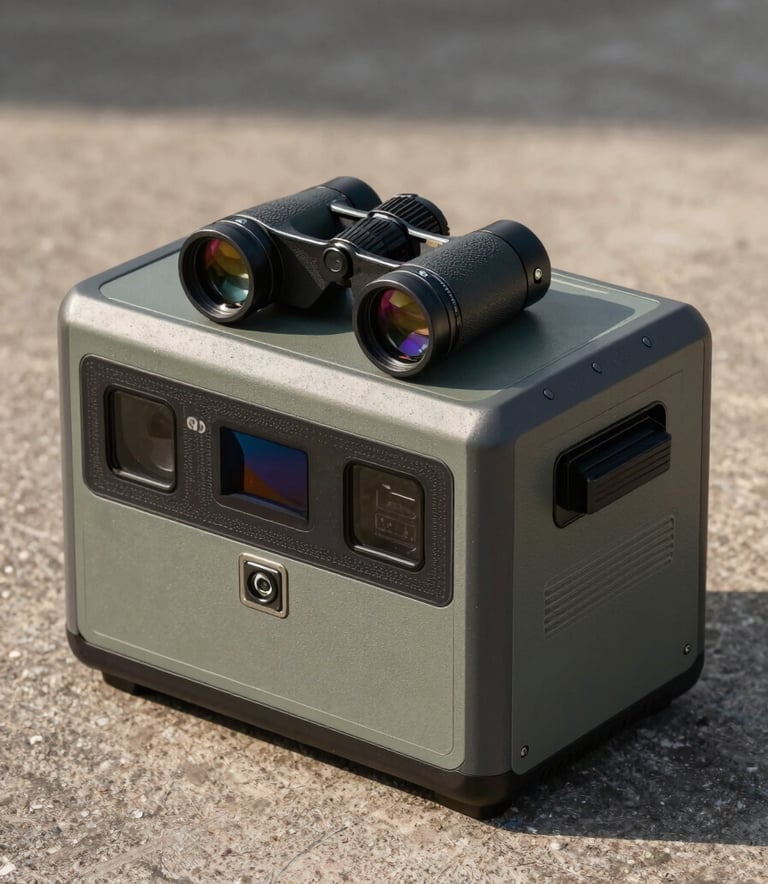 A sleek, industrial-style product photograph of a modern portable power station and high-performance binoculars on a textured surface, showcasing metallic accents and rugged Mist-colored casing.