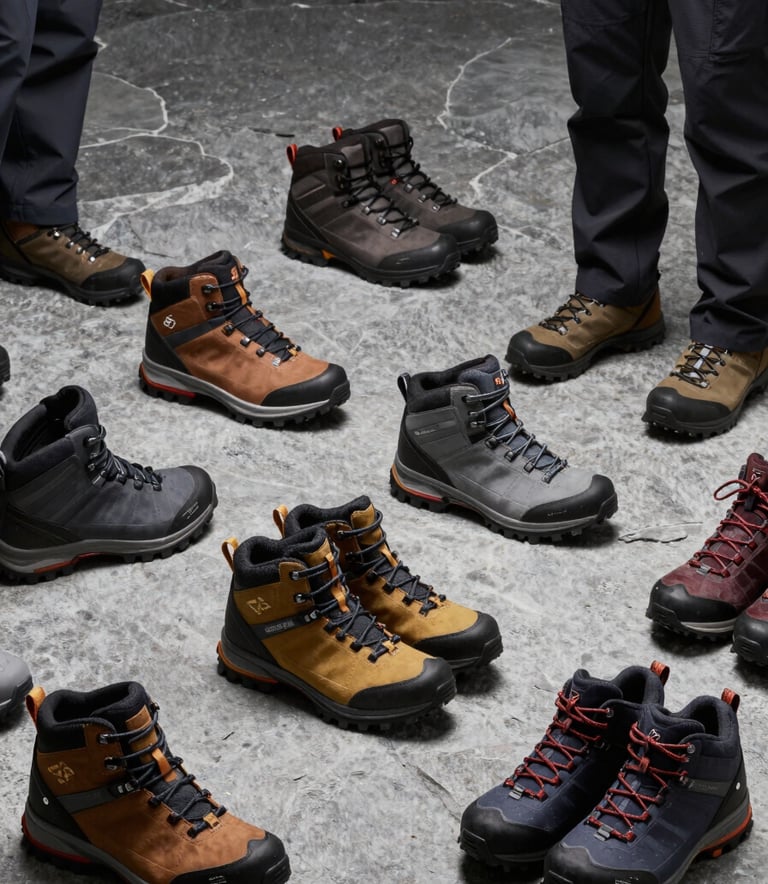 A clean, modern grid-style product shot of professional hiking boots and waterproof apparel arranged on a grey stone surface with sharp, professional lighting. Global / Western professional aesthetic.