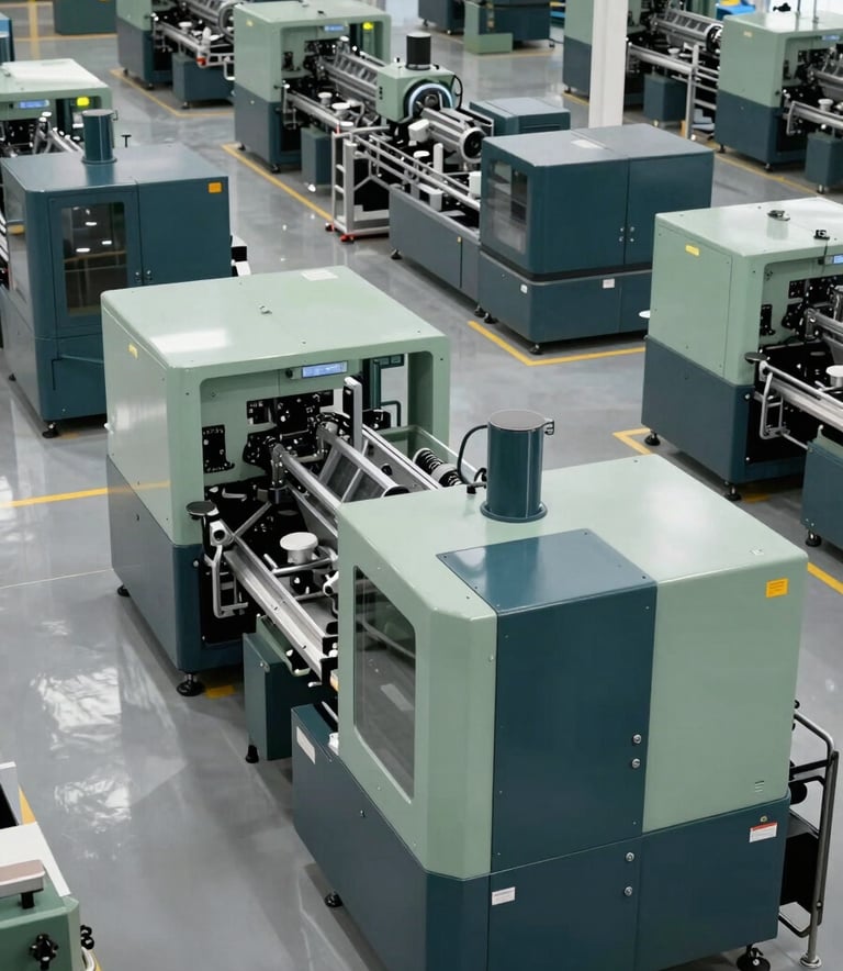 A high-angle professional photograph of a state-of-the-art outdoor gear manufacturing facility in a Western industrial zone. Clean, modern production floor with advanced machinery in sage green and dark teal. Orderly and efficient atmosphere.