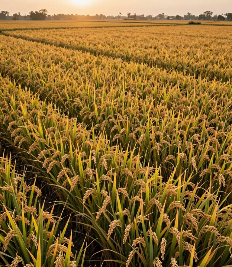 An expansive wide-angle shot of a golden rice paddy field in South Asian / Indian countryside during the harvest season. The sun is low, casting a warm light over the landscape. The scene communicates abundance and high-quality sourcing for agricultural exports.