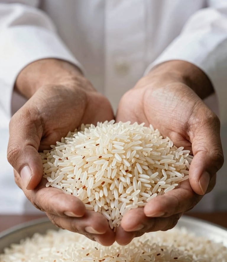 A professional close-up photograph of high-quality, polished long-grain Basmati rice being held in the palms of a quality inspector in a South Asian / Indian setting. The lighting is bright and clean, highlighting the texture and clarity of the grains.