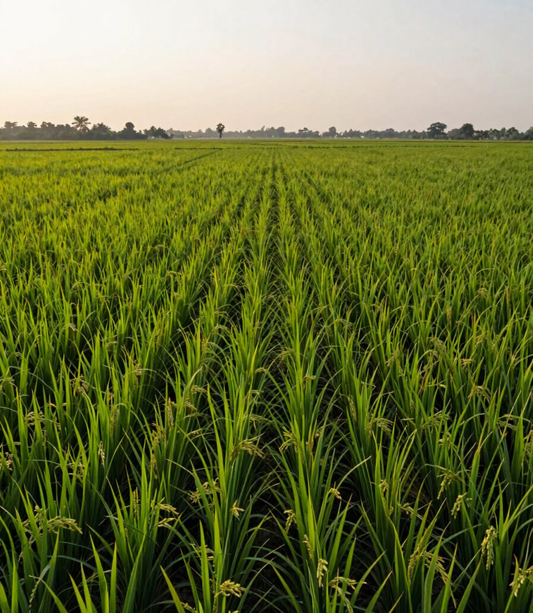 A wide-angle, professional photograph of a sprawling, lush green rice plantation in India during the golden hour. The composition is clean and serene, showcasing the vast scale and natural beauty of the agricultural landscape.