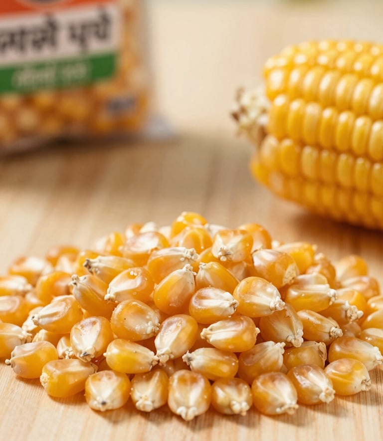 A high-quality commercial photography shot of bright yellow maize kernels. The composition is clean and focused, highlighting the uniformity and moisture control of the grain. Background elements include clean wooden surfaces and South Asian / Indian export packaging.