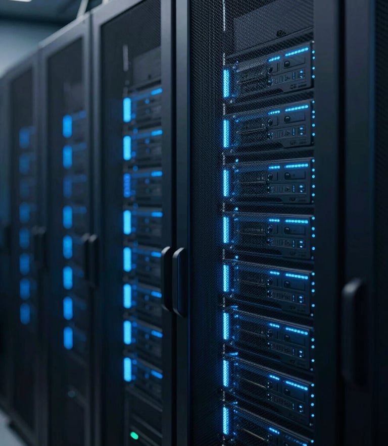 A close-up of a glowing server rack in a dark data center, emphasizing modern enterprise IT infrastructure. Dark theme, blue and cyan accents (#0F1C2E, #00BCD4). Highly technical and secure mood.