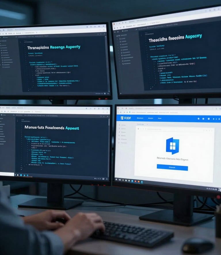A dark, modern workspace showing multiple monitors displaying threat hunting dashboards, PowerShell scripts, and Microsoft 365 admin centers. Illuminated by cool blue and cyan (#00BCD4) ambient lighting.
