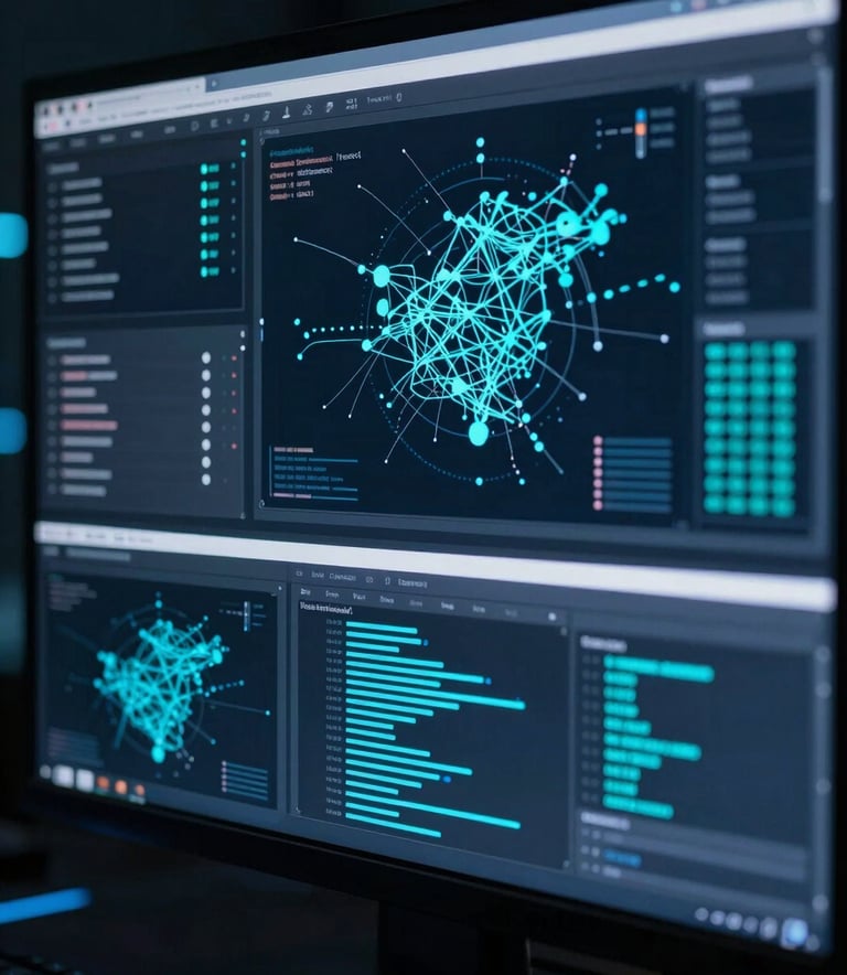 A sharp, technical visualization of a cybersecurity dashboard displaying live network traffic logs, threat intelligence maps, and terminal windows. The scene is dark with glowing neon accents in #00BCD4 and #E0F2F1, projecting a secure and sophisticated IT environment.