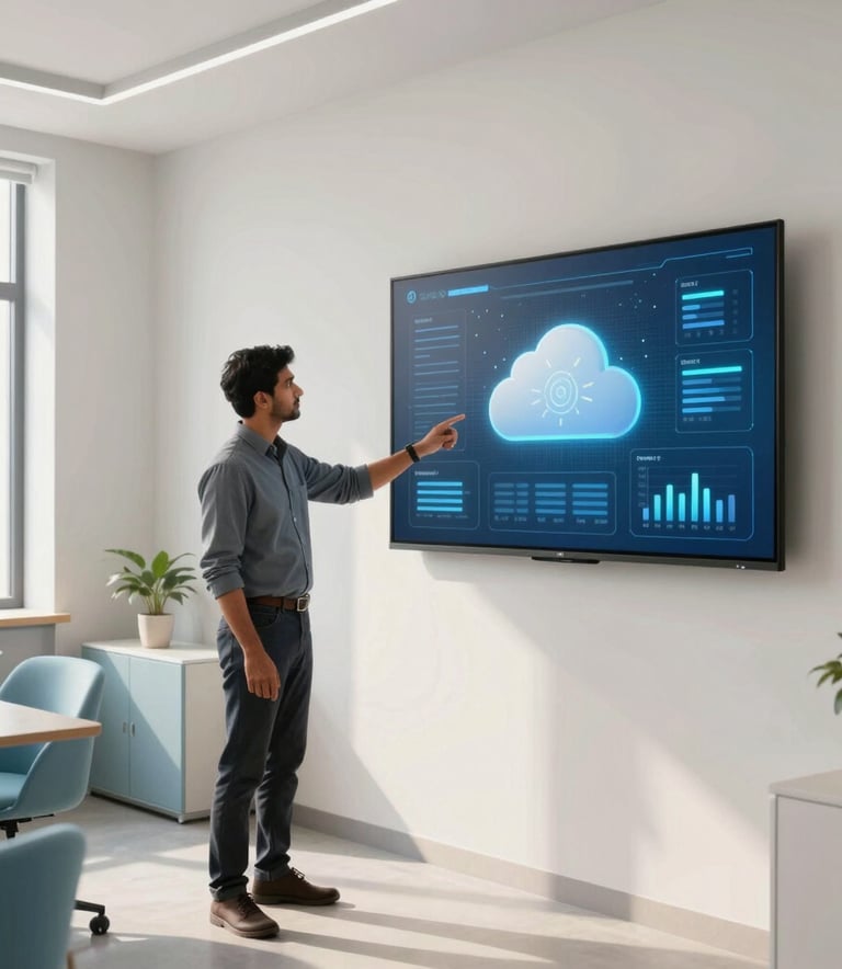 A modern office space in Pune, India, showing a professional South Asian man pointing at a digital cloud interface on a large wall monitor. Bright natural light floods the room, which is decorated with minimalist furniture in shades of pale blue and off-white.